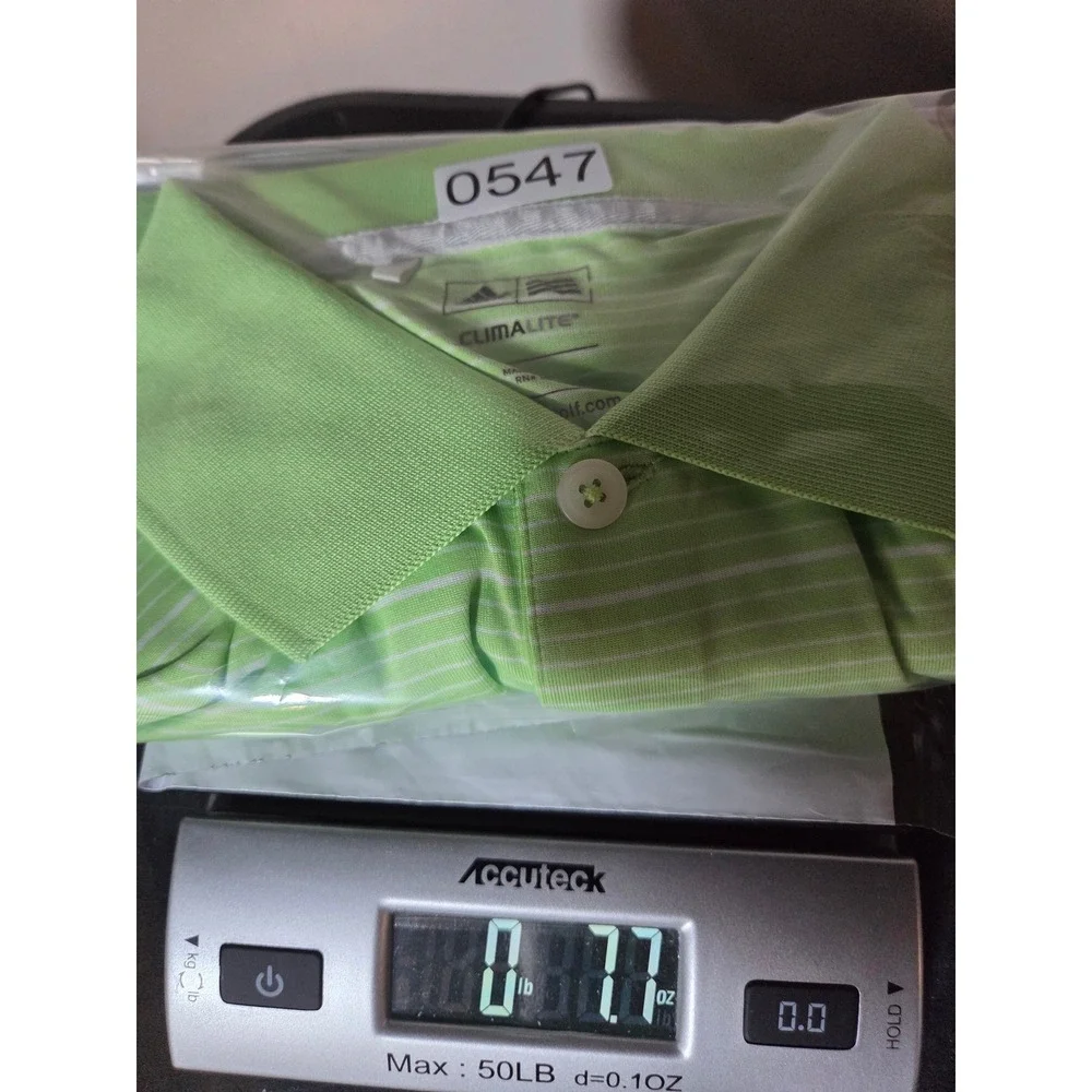 Adidas Golf Polo Shirt M Green Men Striped Climalite Ravines Logo Short Sleeve